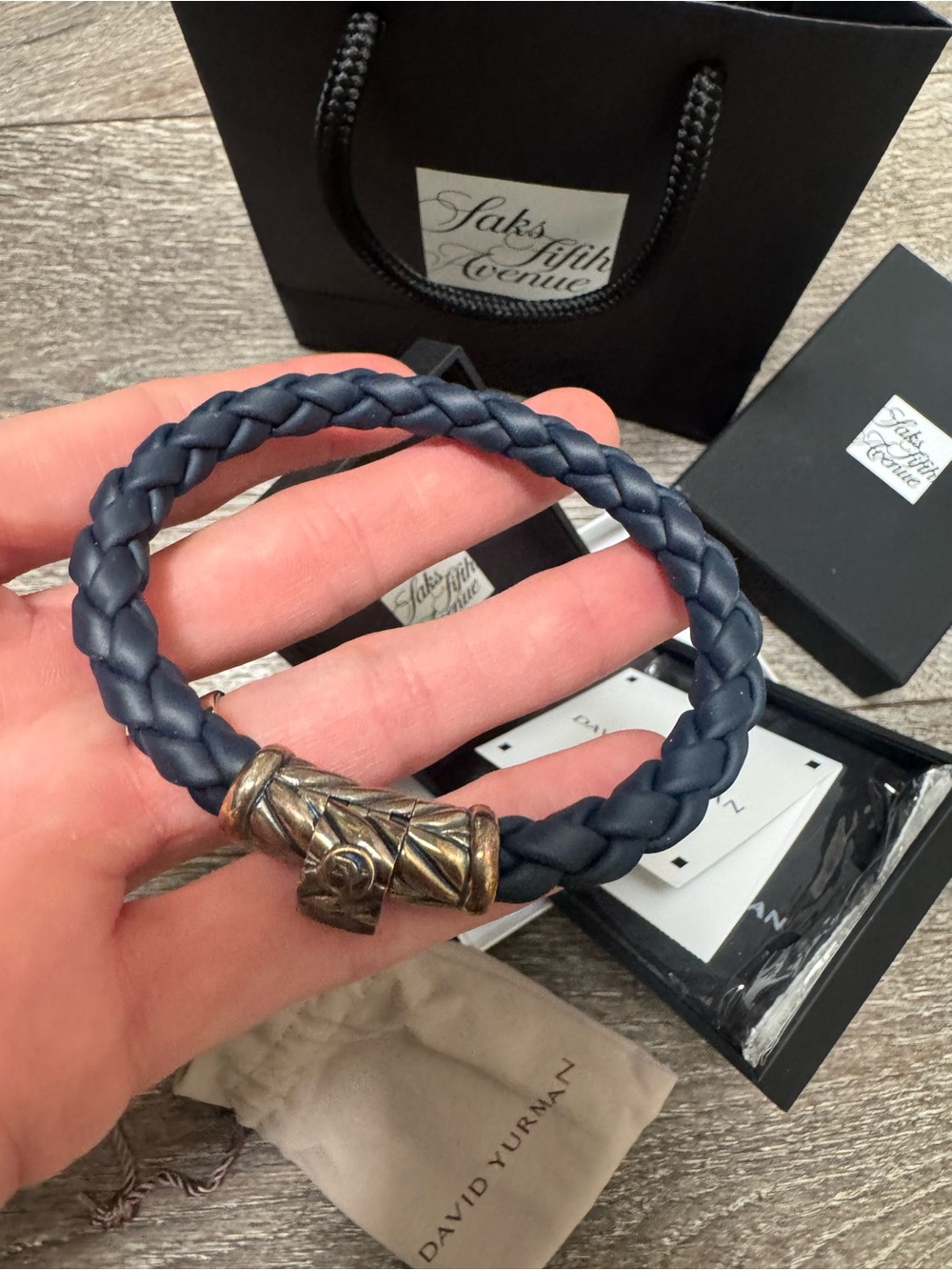 GIFTABLE David Yurman Braided Leather Bracelet with Silver-Tone Clasp - Navy NWT